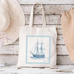 Segeltuch Tragetasche mit vintage Segelschiffdruck, lässige Strandtasche Detailansicht.