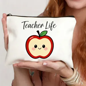 Carina trousse trucco in tela con stampa di mela e testo per insegnante quotidiano.