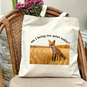 Cute fox print canvas tote bag, casual daily shoulder handbag for travel, shopping and gifts.