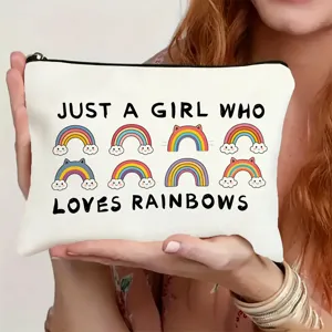 Canvas makeup pouch with cute rainbow print, perfect for daily travel and lovely holiday gifts.
