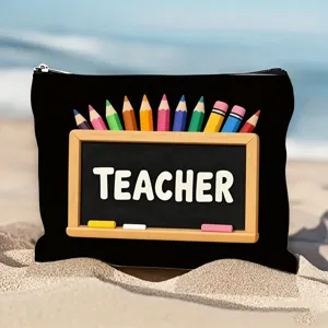 Cosmetische tas voor leraren, zwart canvas etui met potlood en schoolbord opdruk.