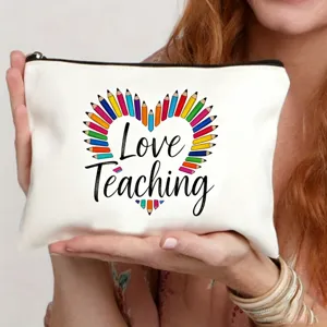 Pochette cosmetica in tela con design cuore a matita, regalo insegnante ideale organizer.