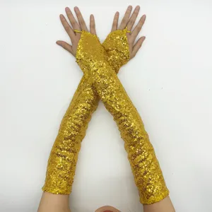 Women Long Sequin Fingerless Gloves Sparkle Metallic Shiny Stage Performance Party Cosplay Costume Accessory