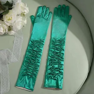 Elegant 50cm long ruched satin gloves for wedding bridal evening party dress accessory.