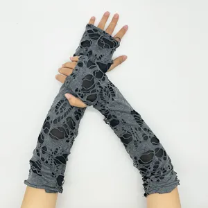 Gants longs sans doigts style punk déchirés, chauffe-bras en résille grise pour femmes.