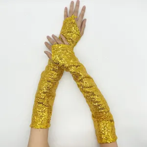 Gold shiny sequin long fingerless gloves for stage performance and party costume wear.