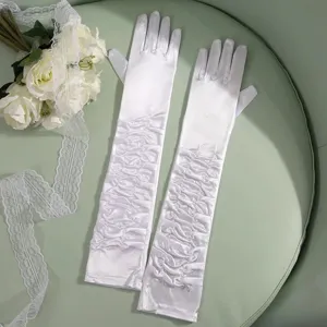 Elegant long white satin ruched gloves detail view, perfect bridal wedding accessory display.