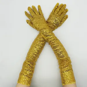 Lange goldene Paillettenhandschuhe für Abendpartys, Bühnenauftritte und glamouröse Kostüme.