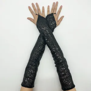Long black sequin fingerless gloves for stage performance, party cosplay and costume accessories.