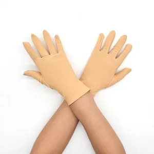 Detail view of women's short milk silk stretch gloves, smooth fabric and comfortable fit.
