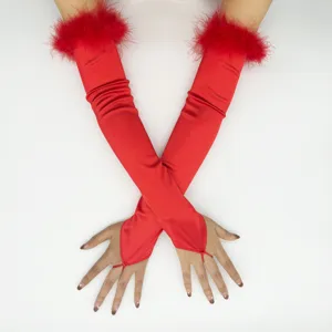Red satin feather cuff fingerless gloves 1920s retro vintage party cosplay women opera gloves