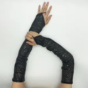 Black sequin fingerless long gloves stage performance costume accessory sparkling arm warmer