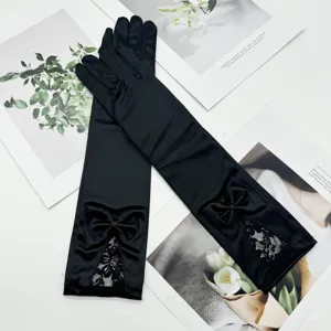 Gants Longs en Satin pour Femmes Nœud Dentelle Gants d'Étiquette de Mariage Élégants Gants de Mariée Opéra Performance Fête Accessoires de Costume