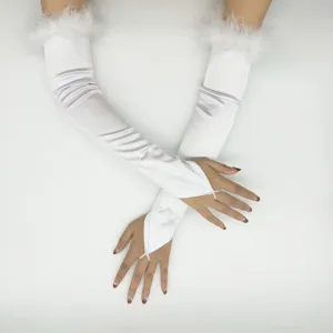 White satin long opera gloves with fluffy faux fur cuffs for 1920s vintage costume party.