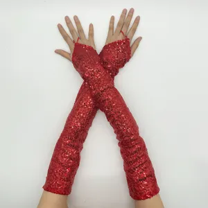 Red sequin long fingerless gloves for stage performance, dance party and cosplay accessories.