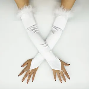 White satin long gloves with fluffy feather cuffs, vintage 1920s flapper style for party cosplay.