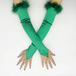 Green satin long gloves with feather trim and finger loop for 1920s vintage party costumes.