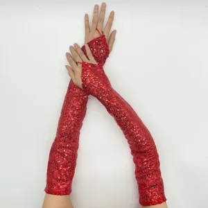 Red sequin long gloves detail view, stage performance fingerless costume accessory.