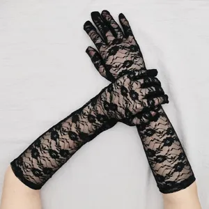 Long black lace gloves for women, sheer floral bridal wedding sun protection accessories.