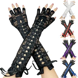 Gants Mi-Doigts en Dentelle Punk Gothique pour Femmes Longs Rubans Nœud Papillon Lacets Croisés pour Fête Cosplay