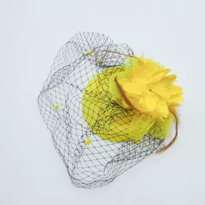 Yellow mesh fascinator hat vintage floral feather headpiece for 1920s party wedding