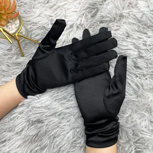 Elegant black satin gloves for women, smooth silky formal evening party dress accessories.