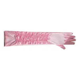 50cm pink satin ruched long gloves, elegant bridal evening opera dress gloves detail shot.