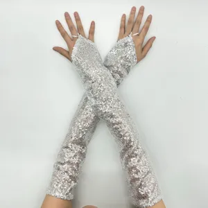 Silver sequin long fingerless gloves for stage performance, dance, party, and cosplay events.