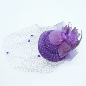Purple vintage feather fascinator hat with mesh veil for wedding party races church hat