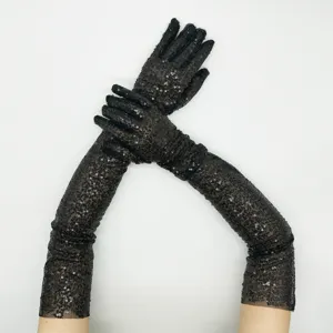 Schwarze Pailletten lange Handschuhe Abendparty Tanz Performance Bühne Kostüm Zubehör