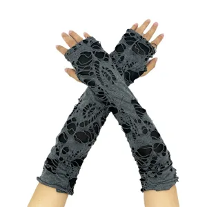 Longs gants mitaines déchirés style punk gris en tricot pour fête de cosplay d'Halloween