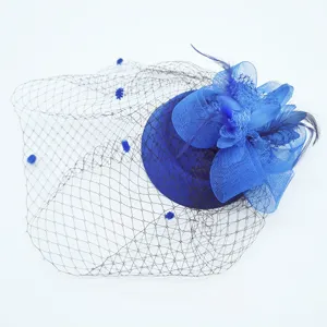 Vintage blue mesh feather fascinator hat bridal headwear for 1920s tea party races
