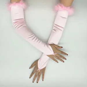 Satin fingerless gloves with fluffy faux fur cuffs, perfect for 1920s parties and cosplay.