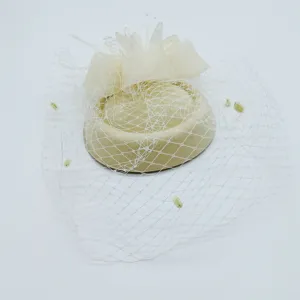 Beige vintage mesh feather fascinator hat, elegant bridal headwear for party and tea race.