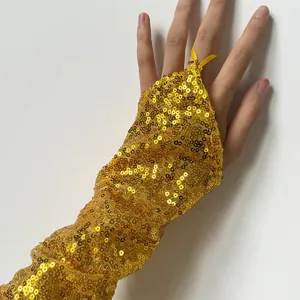 Gold sequin long fingerless gloves for stage performance, dance, party and cosplay events.