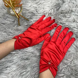 Women Elegant Satin Beaded Short Gloves Wedding Bridal Party Evening Prom Stretch Dress Gloves Fashion Accessories