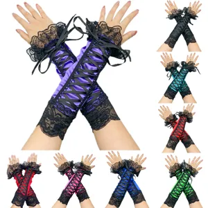 Women Gothic Lolita Lace Arm Sleeves Satin Cross Lacing Long Gloves Fingerless Cosplay Stage Performance Costume