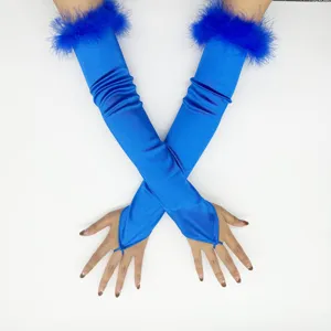 Blue satin feather gloves detail showing finger loop design and plush trim for 1920s party.