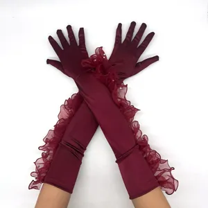 Wine red satin long opera gloves with sheer ruffles and pearl details for evening party.