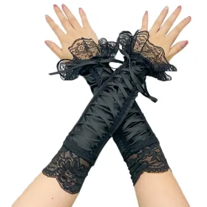 Black lace-up lace sleeves and gloves for cosplay, gothic lolita fashion and stage performance.