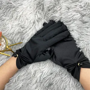 Black satin gloves with beaded wrist details, elegant elastic sateen evening wedding dress accessories