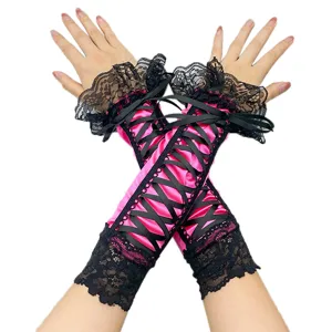 Pink satin long lace sleeves with black ribbon bow gothic style cosplay gloves for women.