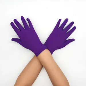 Women short purple milk silk elastic gloves detail view, soft performance hand wear.