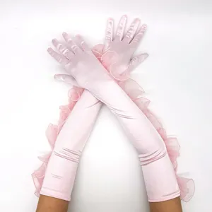 Vintage pink satin long gloves with ruffles and pearls for women 1920s party costumes.