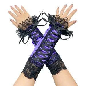 Purple satin lace-up fingerless gloves with black lace trim, gothic lolita costume detail shot.