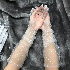 Sheer mesh polka dot long gloves for women summer sun protection driving cycling elegant white