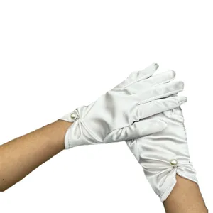 Elegant white satin bridal gloves featuring pearl and pleat details for wedding dress.