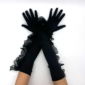 1920s vintage style black satin long gloves with delicate mesh ruffles and faux pearls for party.