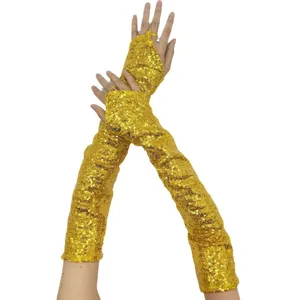 Gold sequin long fingerless gloves stage performance sparkle costume party hand accessories
