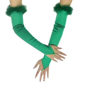 Green satin fingerless gloves with fluffy feather trim, ideal for 1920s vintage parties and cosplay.